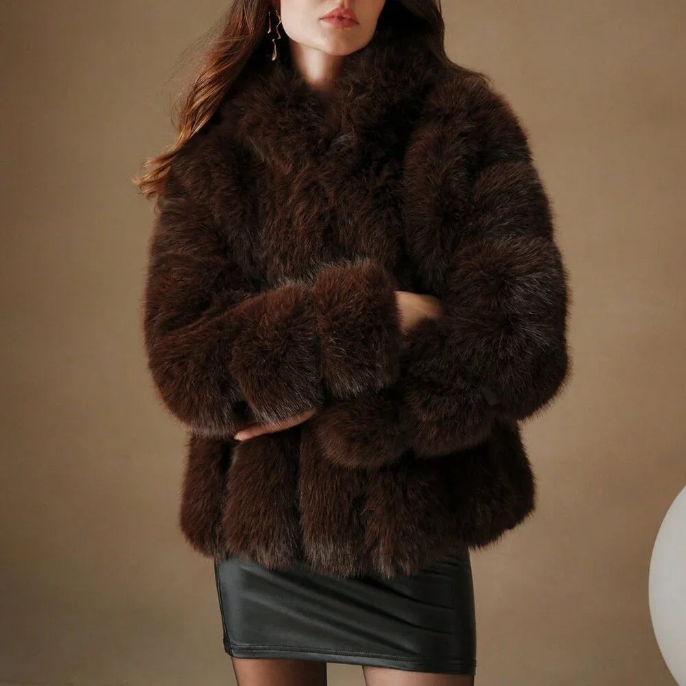 Coffee Brown Casual Women's Faux Fox Fur Coat